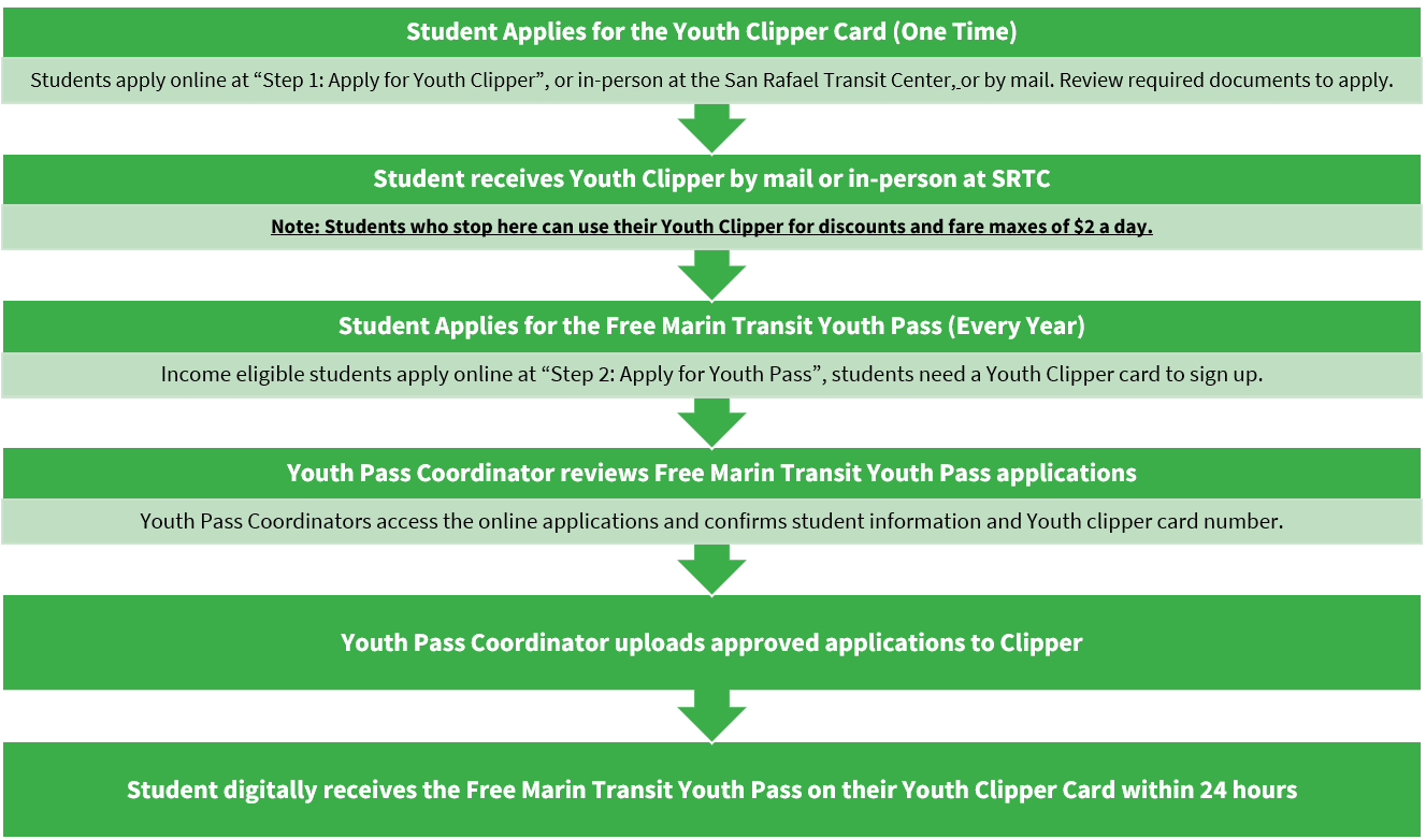 Flowchart explaining steps to apply for the Youth Pass and Youth Clipper card