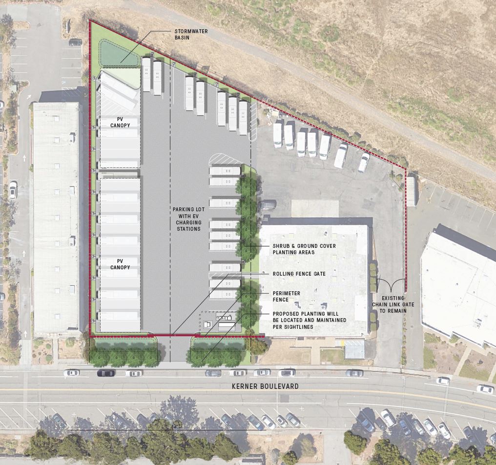 An image of the plans for the 3010/3020 Kerner lot. It includes a solar canopy on the left hand side, a parking lot with EV charging stations, and proposed fencing and landscaping for the site.